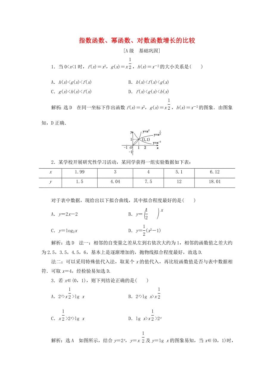 2021-2022学年新教材高中数学 课时检测32 指数函数、幂函数、对数函数增长的比较（含解析）北师大版必修第一册.doc_第1页