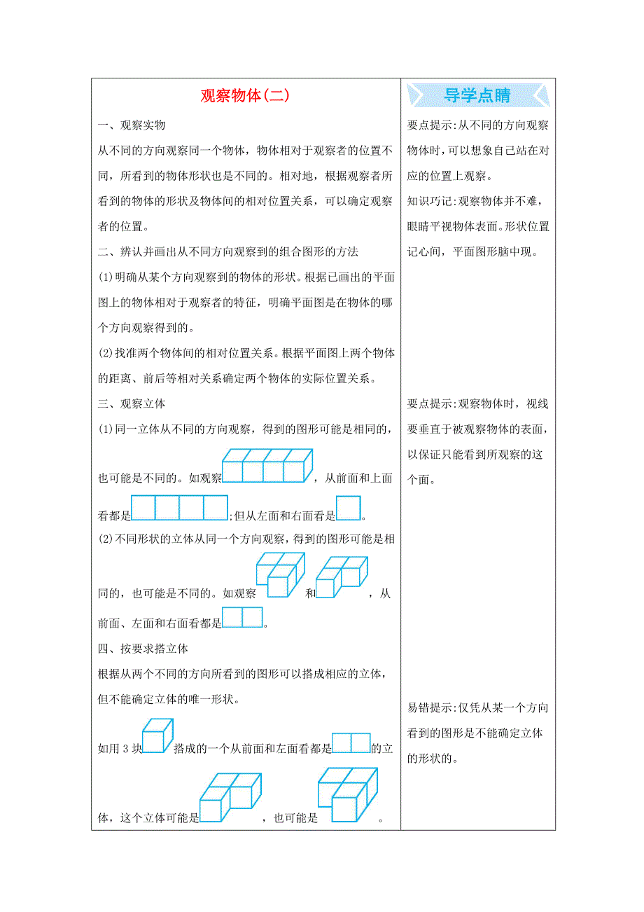 四年级数学下册 一 观察物体（二）知识清单素材 冀教版.docx_第1页