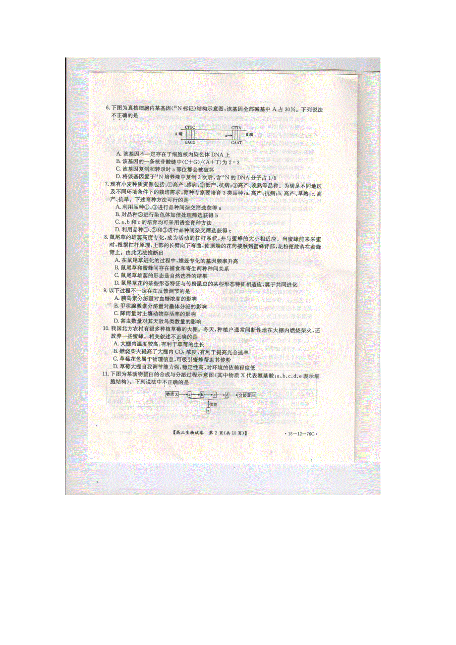 河南省中原名校豫南九校2015届高三一轮复习质量检测生物试题 扫描版含答案.doc_第2页