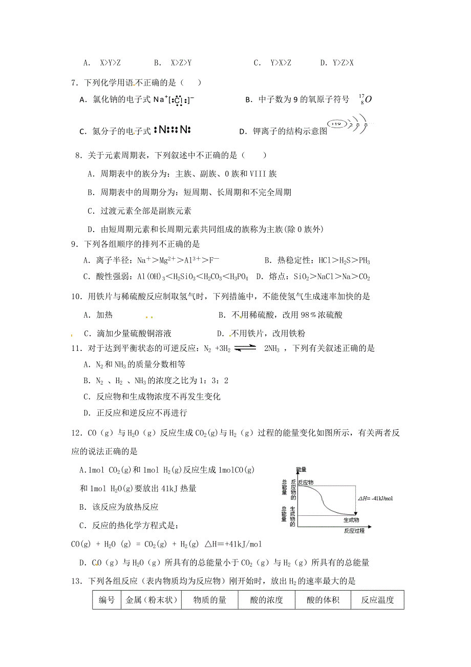 江苏省宿迁市宿豫中学2014-2015学年高一下学期期中考试化学试题 WORD版.doc_第2页