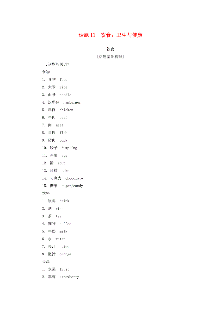 2020-2021学年通用版高中英语学业水平合格性考试复习：话题11饮食；卫生与降 WORD版含解析.doc_第1页