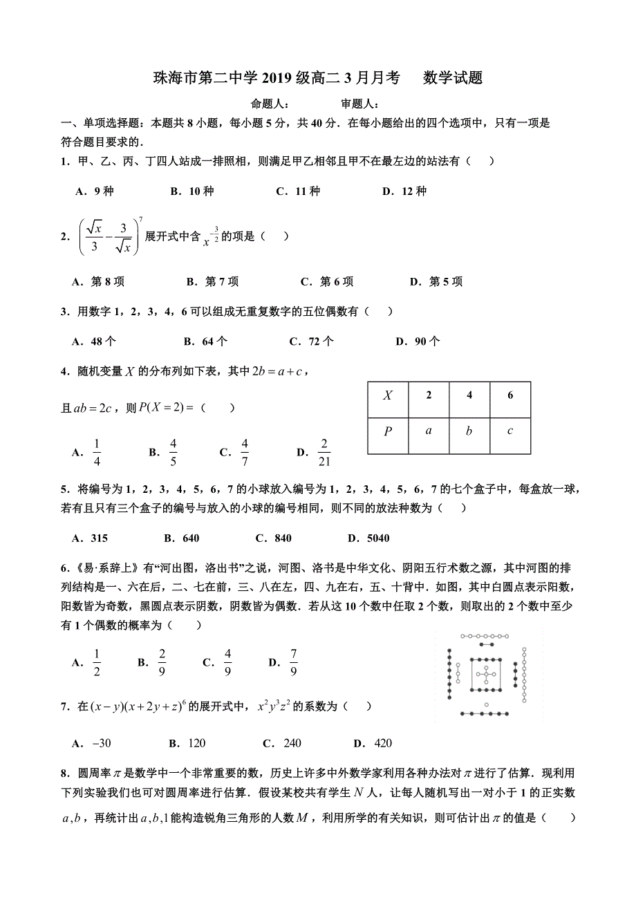 广东省珠海市第二中学2020-2021学年高二3月月考数学试卷 WORD版含答案.docx_第1页