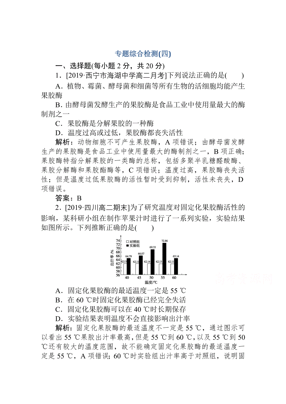 2019-2020学年生物人教版选修1同步检测：专题综合检测（四） WORD版含解析.doc_第1页