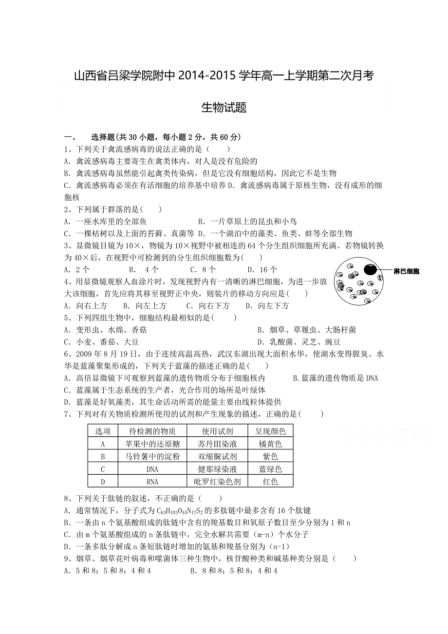 山西省吕梁学院附中2014-2015学年高一上学期第二次月考生物试题WORD版含答案.doc_第1页