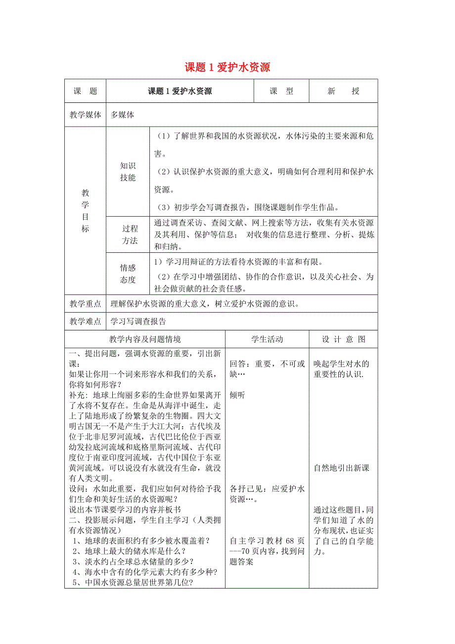 2021秋九年级化学上册 第四单元 自然界的水 课题1 爱护水资源教案1（新版）新人教版.doc_第1页