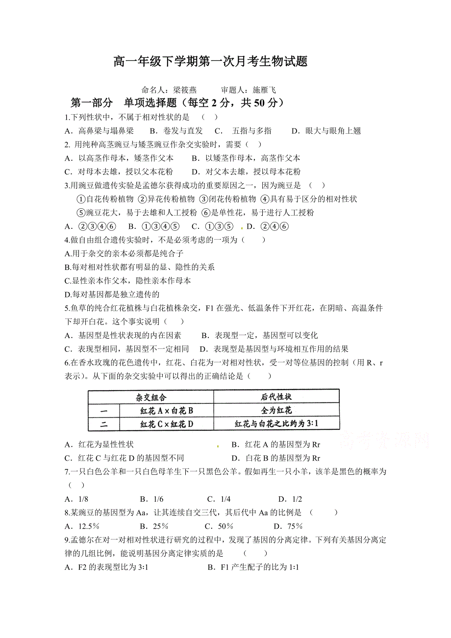 山西省吕梁学院附属高级中学2014-2015学年高一下学期第一次月考生物试题 WORD版含答案.doc_第1页