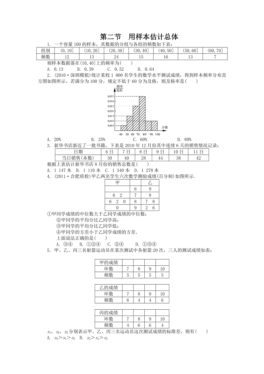 2012高考总复习数学文科新人教A版浙江专版第9单元 第2节 用样本估计总体.doc_第1页