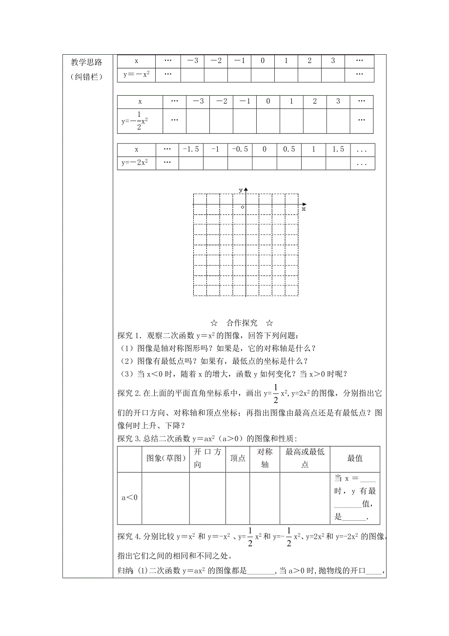 2021秋九年级数学上册 第21章 二次函数与反比例函数21.2 二次函数的图象和性质 1二次函数y＝ax2的图象和性质学案（新版）沪科版.doc_第2页