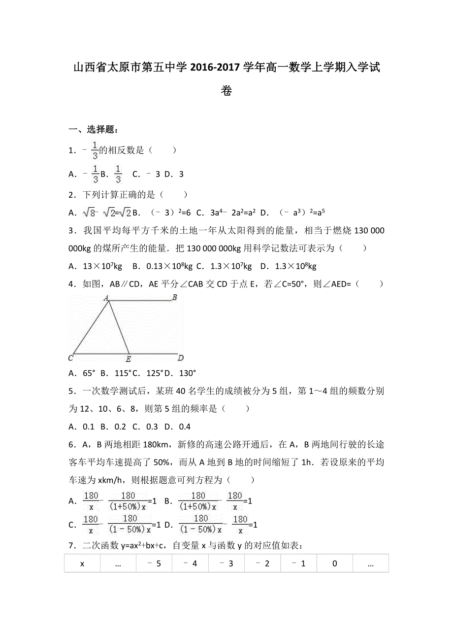 山西省太原市第五中学2016-2017学年高一上学期入学考试数学试题 WORD版.doc_第1页