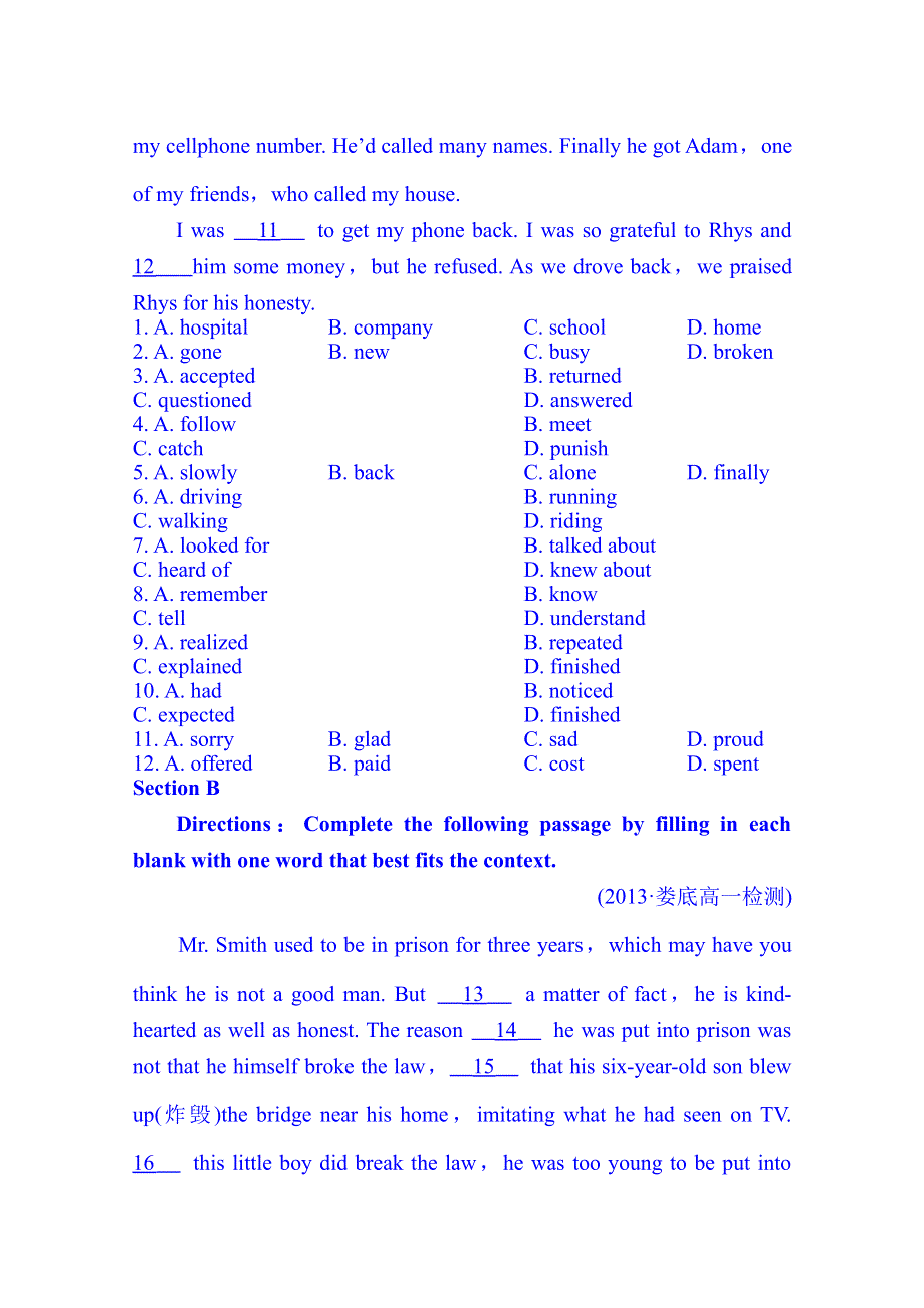 2014版英语学习方略必修3译林版（湖南）语篇训练卷(三) UNIT 1 TASK & PROJECT.doc_第2页