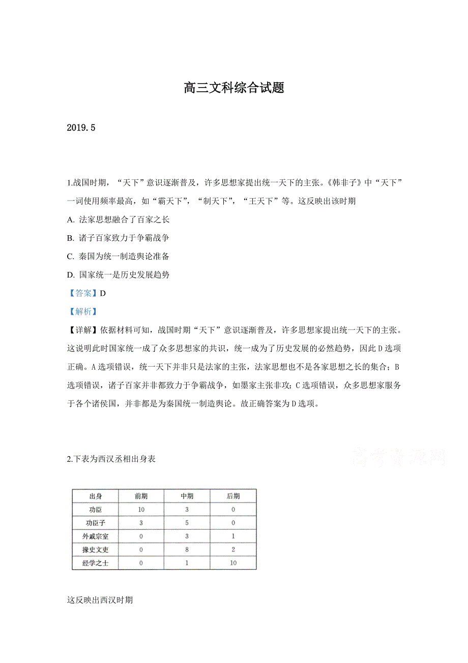 《解析》山东省滨州市2019届高三第二次模拟（5月）考试文科综合历史试卷 WORD版含解析.doc_第1页