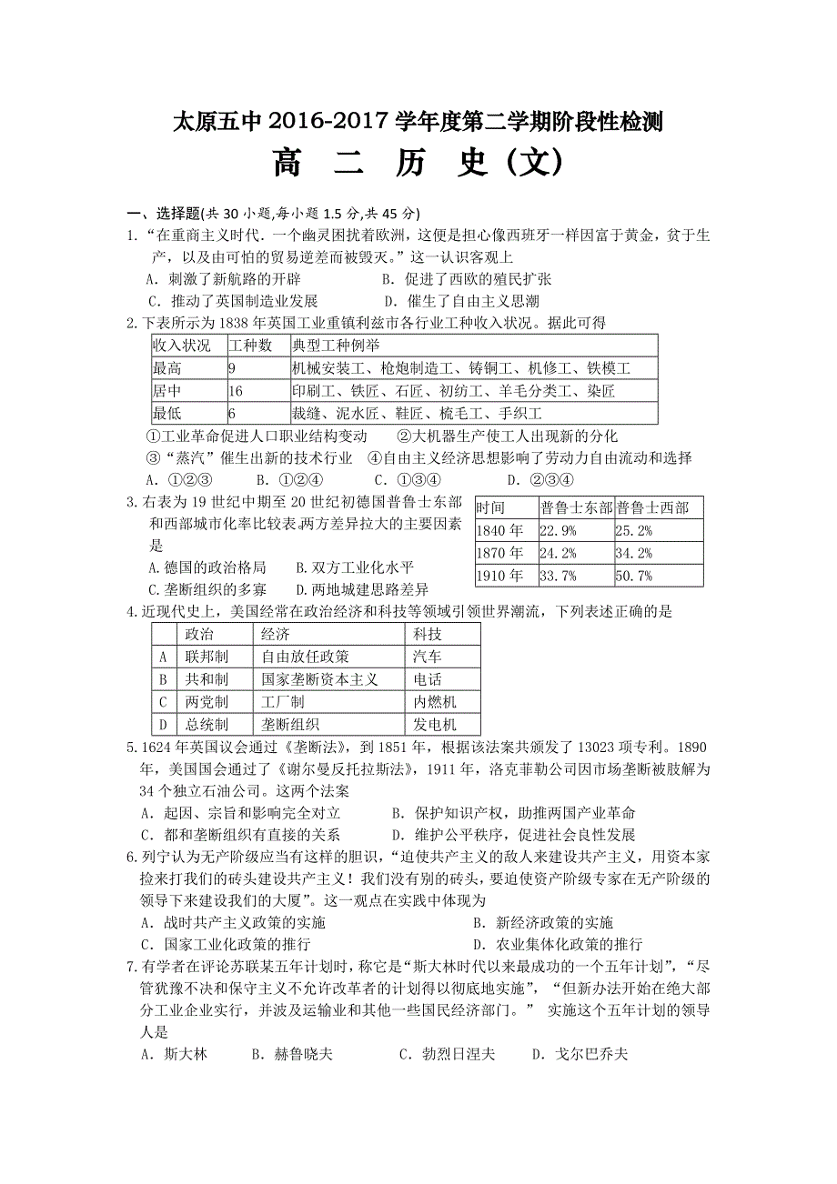 山西省太原市第五中学2016-2017学年高二下学期阶段性检测历史（文）试题 WORD版含答案.doc_第1页