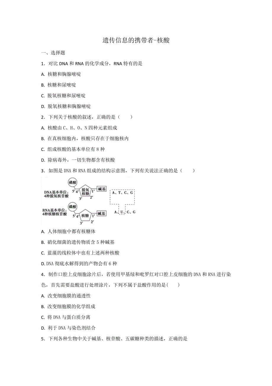 《整合》人教版高中生物必修1 2-3遗传信息的携带者-核酸练习2 .doc_第1页