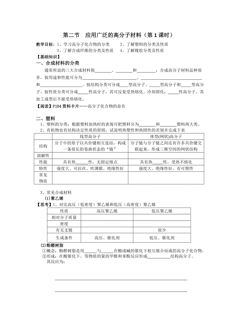 河北省抚宁县第六中学高中化学选修五学案：第五章应用广泛的高分子材料（第1课时） .doc_第1页