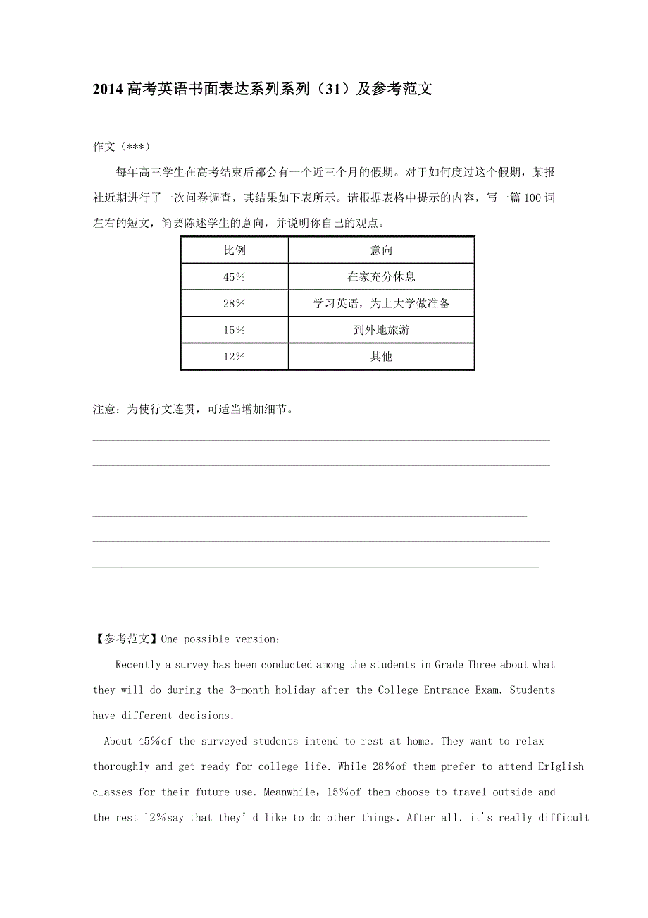 2014高考英语书面表达系列系列（31）及参考范文.doc_第1页