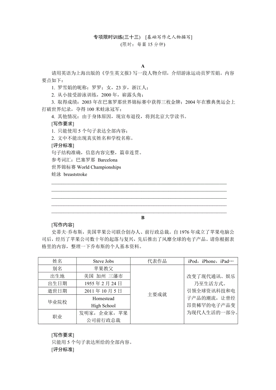 2014高考英语二轮复习方案专题限时训练（三十三）（新课标&广东专用） 基础写作之人物描写 WORD版含答案.doc_第1页