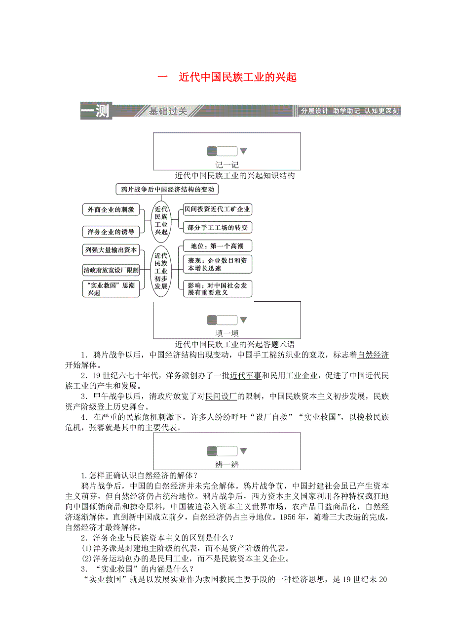 2019-2020学年高中历史 专题二 近代中国资本主义的曲折发展 1 近代中国民族工业的兴起练习（含解析）人民版必修2.doc_第1页