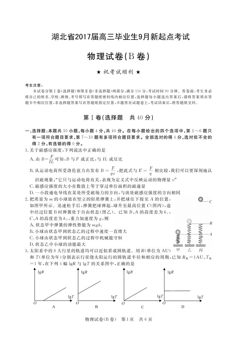 湖北省2017届高三毕业生9月新起点考试物理试卷（B卷） PDF版无答案.pdf_第1页