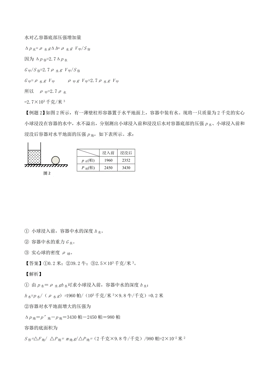 （备战2020）上海市中考物理压强压轴题 专题04 在容器里加物体后无液体溢出（含解析）.doc_第2页