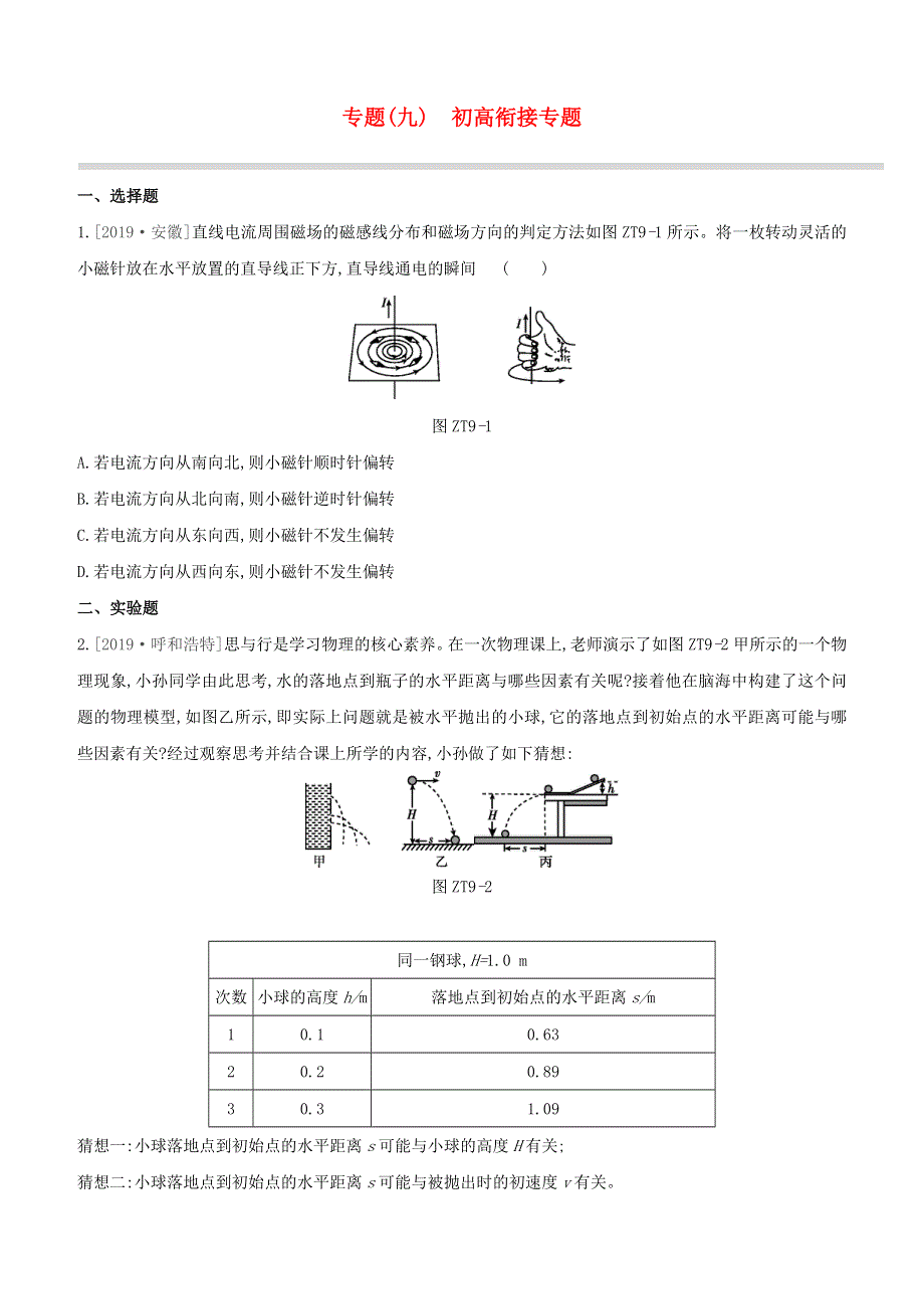 （呼和浩特专版）2020中考物理复习方案 专题09 初高衔接专题试题.docx_第1页