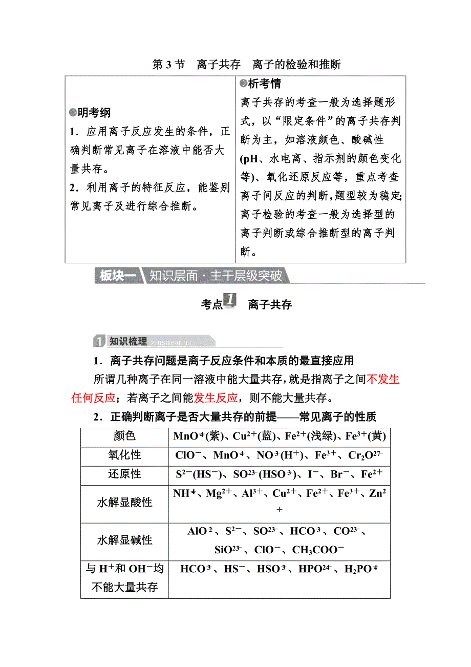 2017化学一轮教案：2-3 离子共存　离子的检验和推断 WORD版含解析.doc_第1页