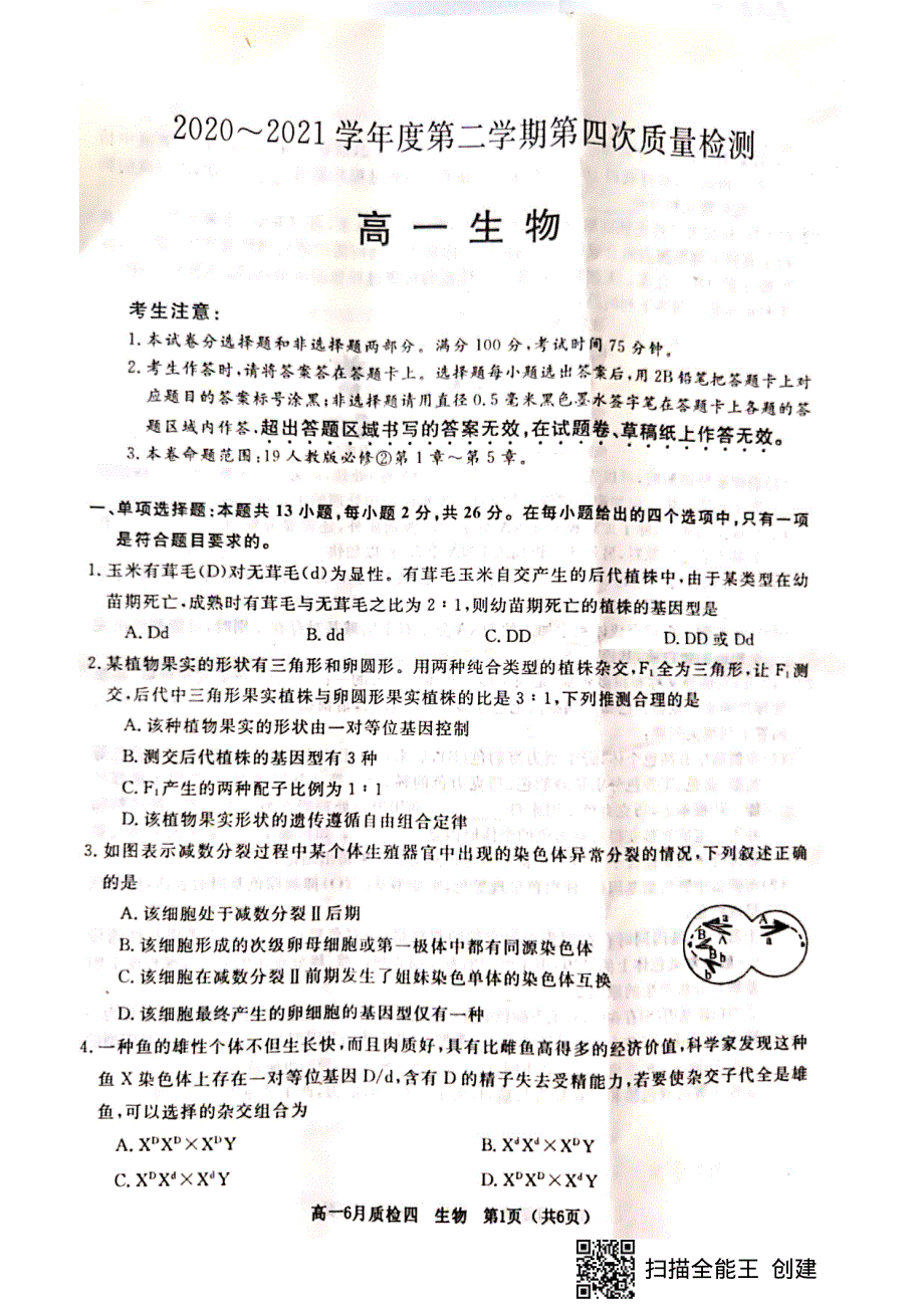 河北省曲阳县第一中学2020-2021学年高一生物下学期第四次检测（6月月考）试题（PDF）.pdf_第1页