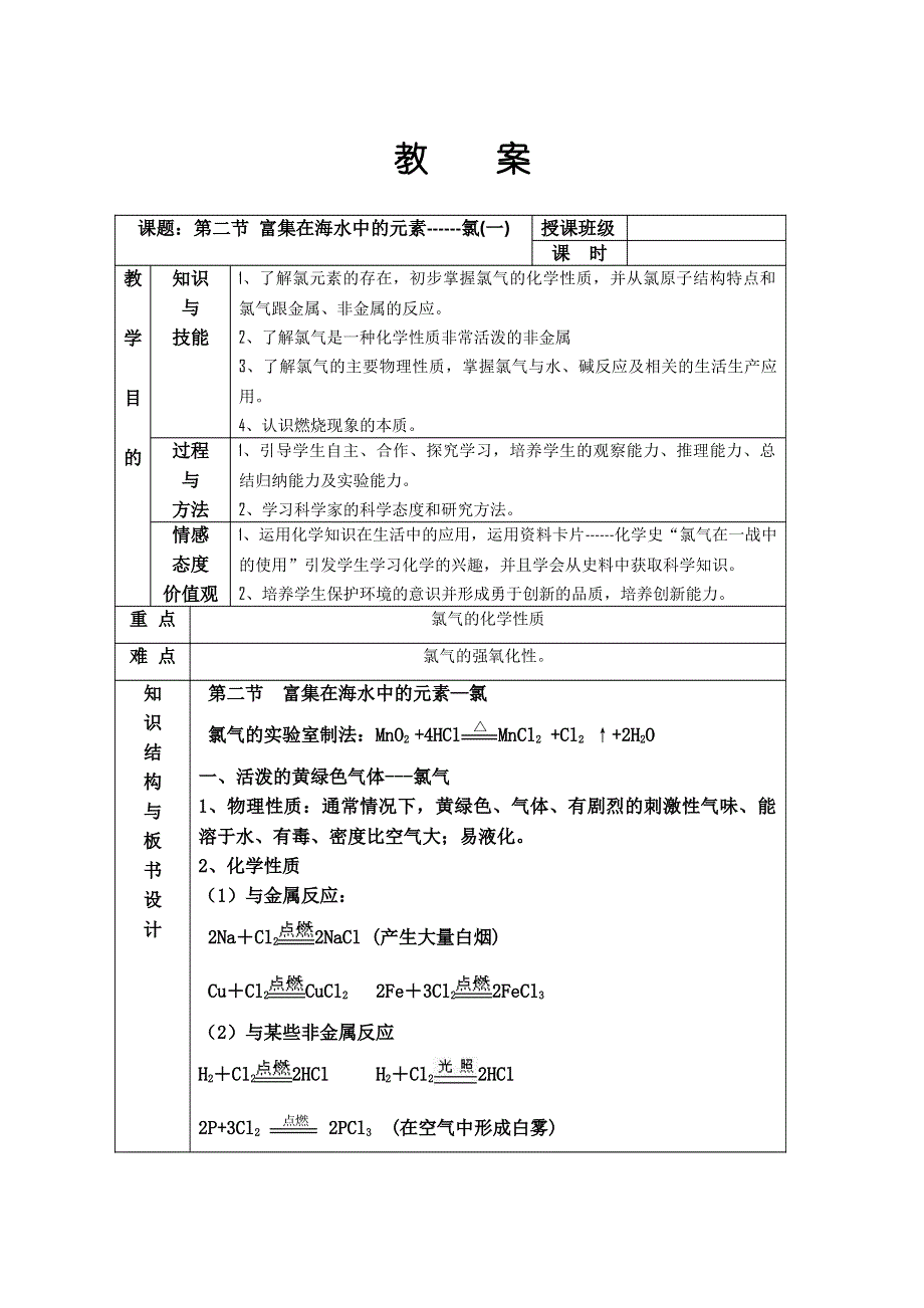 江苏省平潮高级中学集体备课教案——必修1 《第四章 非金属及其化合物》第二节 富集在海水中的元素——氯.doc_第1页