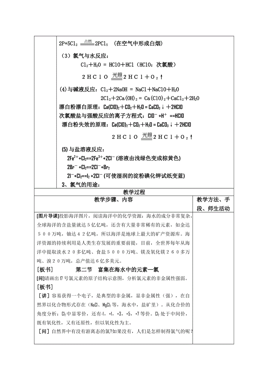 江苏省平潮高级中学集体备课教案——必修1 《第四章 非金属及其化合物》第二节 富集在海水中的元素——氯.doc_第2页