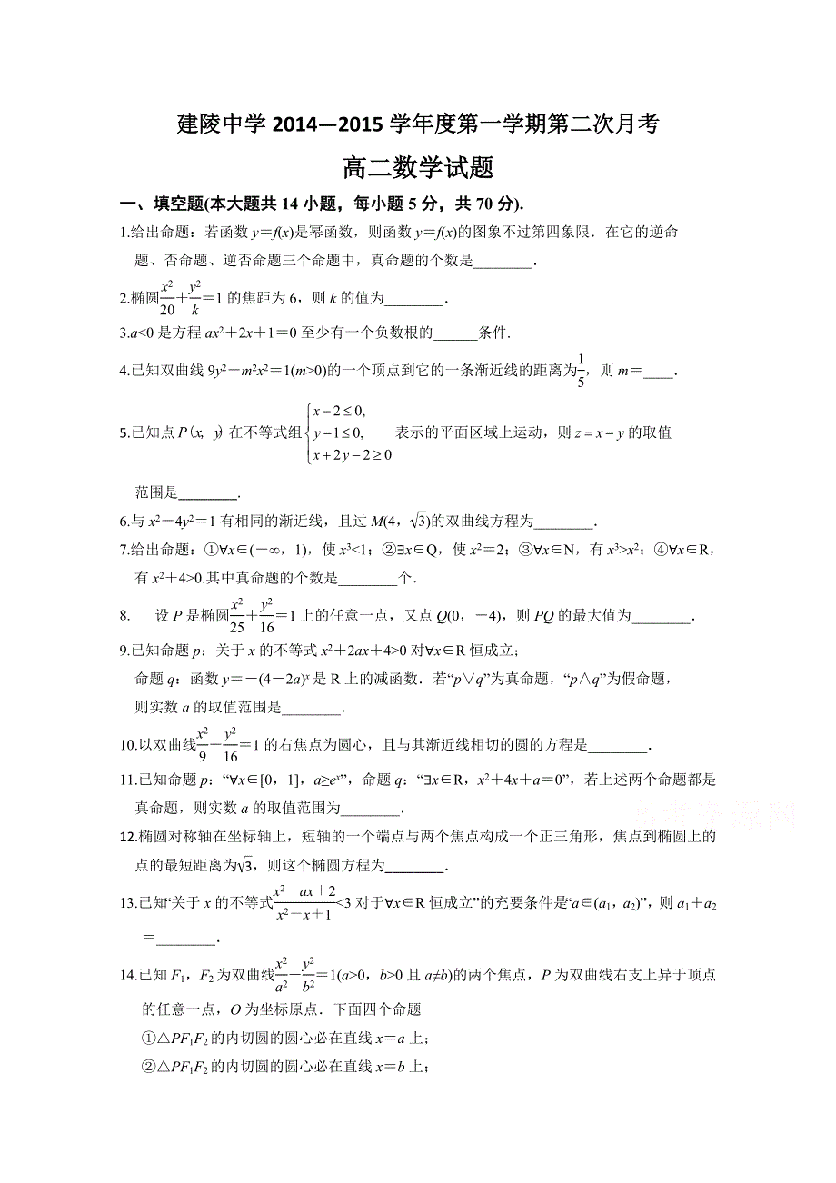 江苏省建陵中学2014—2015学年第一学期高二第二次月考数学试题.doc_第1页