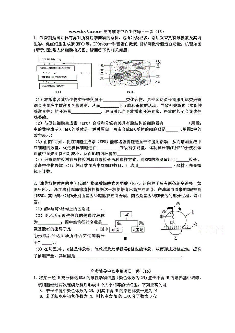 高考辅导中心生物每日一练（15）（16）.doc_第1页