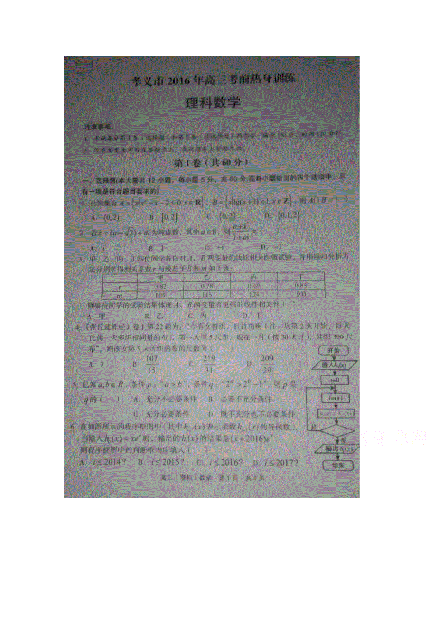 山西省孝义市2016届高三下学期考前热身训练数学（理）试题 扫描版含答案.doc_第1页