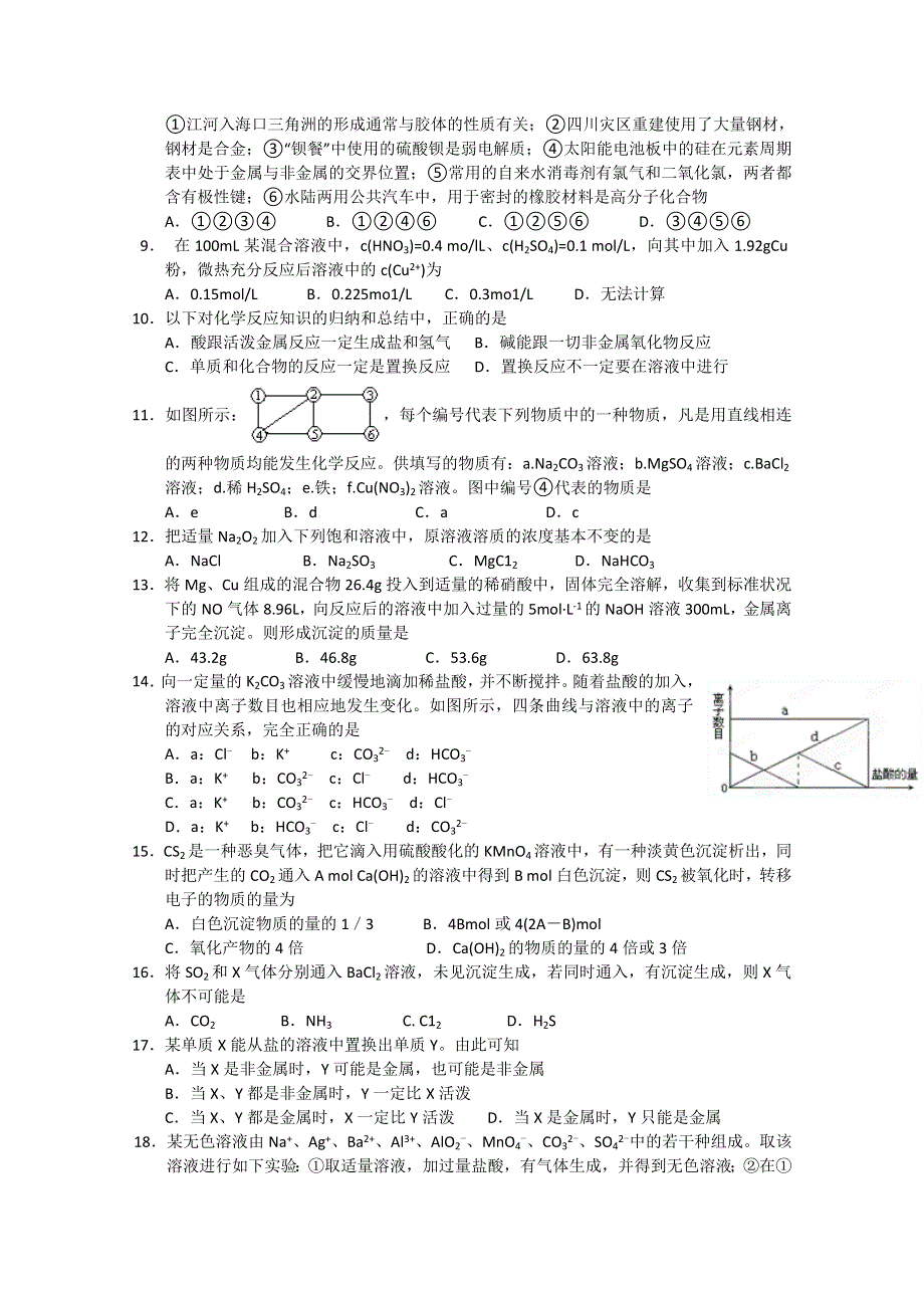 河南省郑州四中2013届高三第一次调考化学试题（无答案）.doc_第2页