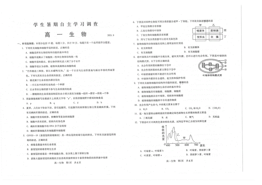 江苏省常熟市2021-2022学年高一学生暑期自主学习调查生物试题 PDF版含答案.pdf_第1页