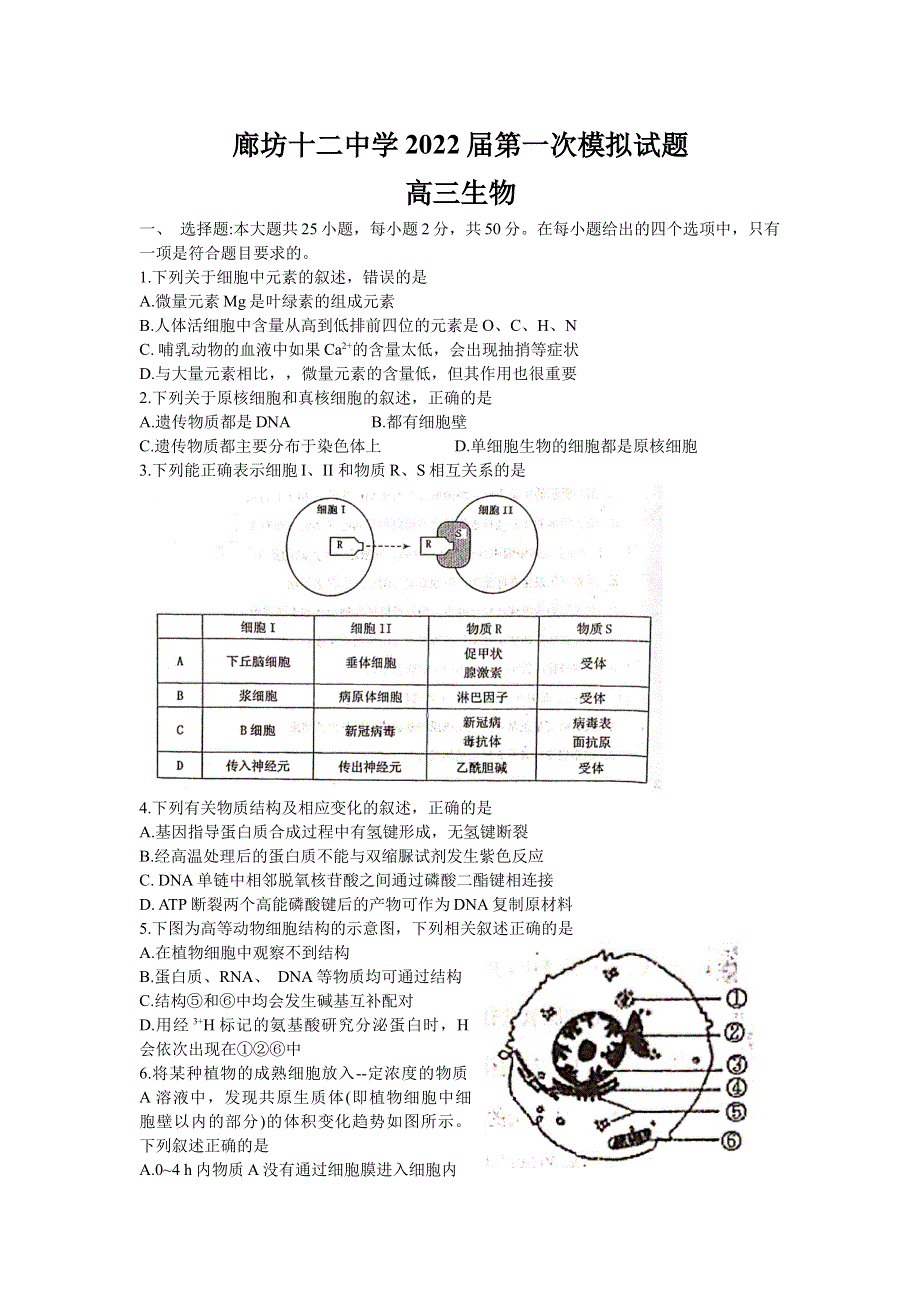 河北省廊坊市第十二中学2022届高三上学期第一次模拟考试生物试题 WORD版含答案.doc_第1页