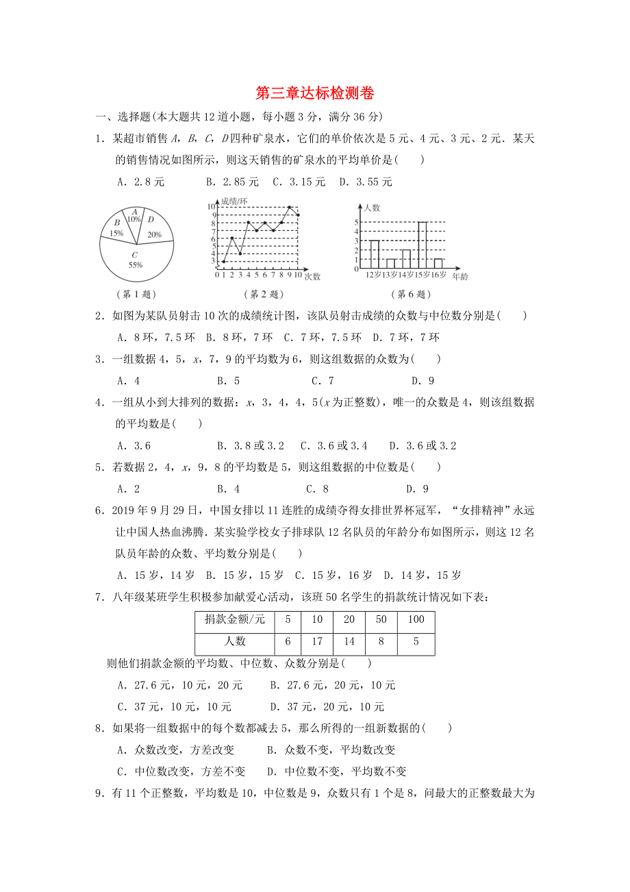 2021秋八年级数学上册 第三章 数据的分析达标检测卷 鲁教版五四制.doc_第1页