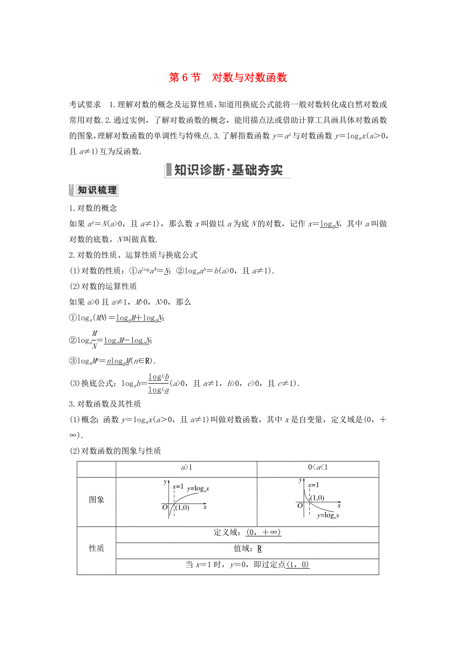 2023年高考数学一轮复习 第二章 函数与基本初等函数 第6节 对数与对数函数教案.doc_第1页