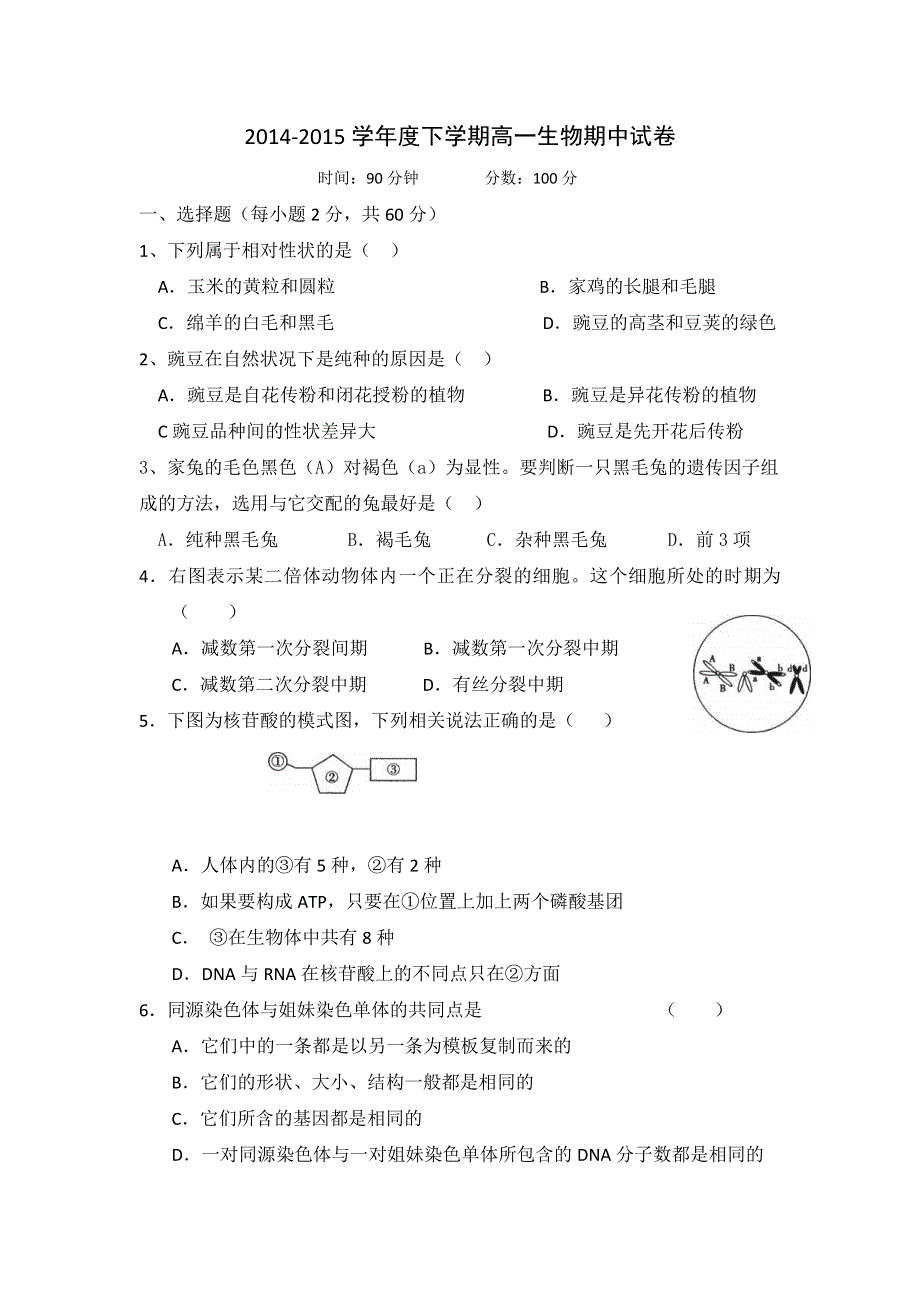 山西省岢岚县中学2014-2015学年高一下学期期中考试生物试题 WORD版含答案.doc_第1页