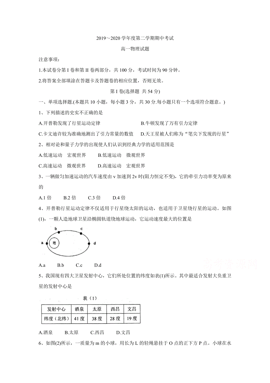 江苏省徐州市2019-2020学年高一下学期期中抽测试题　物理 WORD版含答案BYCHUN.doc_第1页