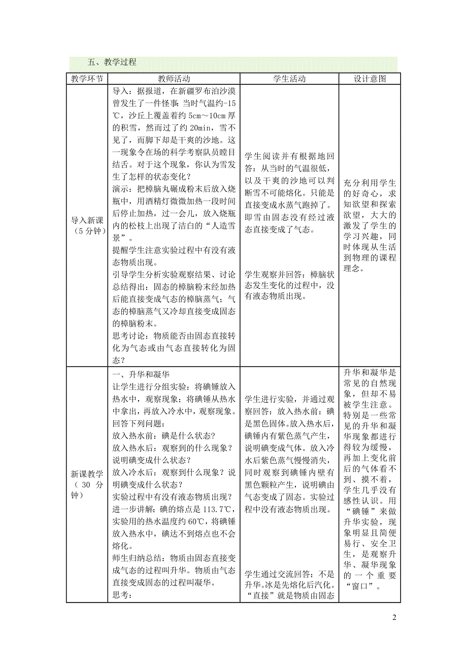 2021秋八年级物理上册 第2章 物态变化 第四节 升华和凝华教学设计1（新版）苏科版.doc_第2页