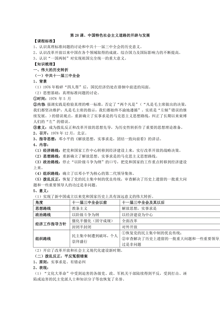 2021-2022学年部编版历史 中外历史纲要（上）教案 第28课、中国特色社会主义道路的开辟与发展.doc_第1页