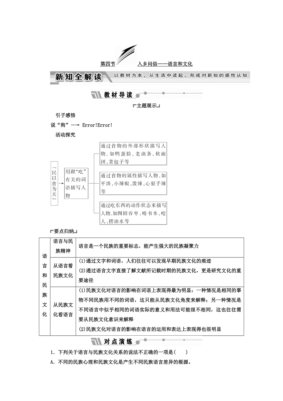 2017-2018学年高中语文（人教版 选修 语言文字应用）教师用书：第六课 语言的艺术 第四节 入乡问俗——语言和文化 WORD版含答案.doc_第1页