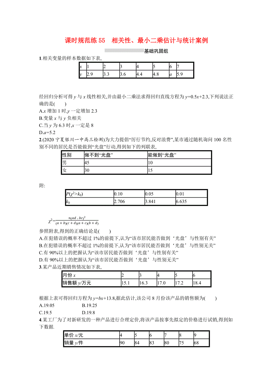 （全国统考）2022高考数学一轮复习 课时规范练55 相关性、最小二乘估计与统计案例（理含解析）北师大版.docx_第1页