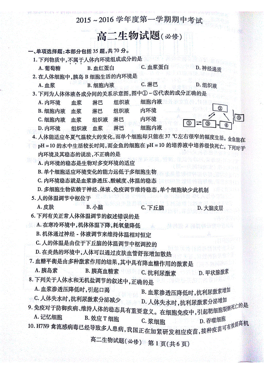 江苏省徐州市2015-2016学年高二上学期期中考试生物试题 PDF版无答案.pdf_第1页