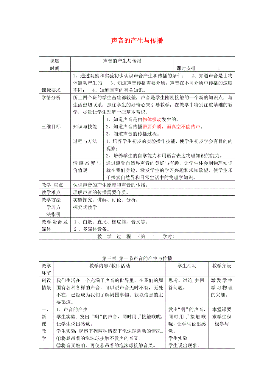 2021秋八年级物理全册 第3章 声的世界 第1节 科学探究：声音的产生与传播教案2（新版）沪科版.doc_第1页