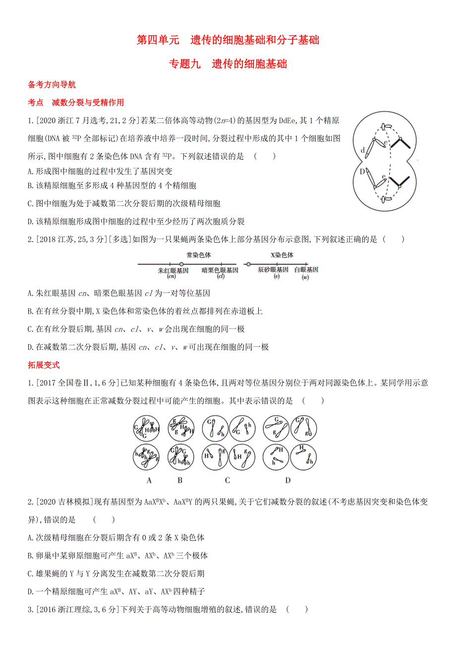 （全国通用版）2022年高考生物考点题型拓展复习 第四单元 专题九 遗传的细胞基础.doc_第1页