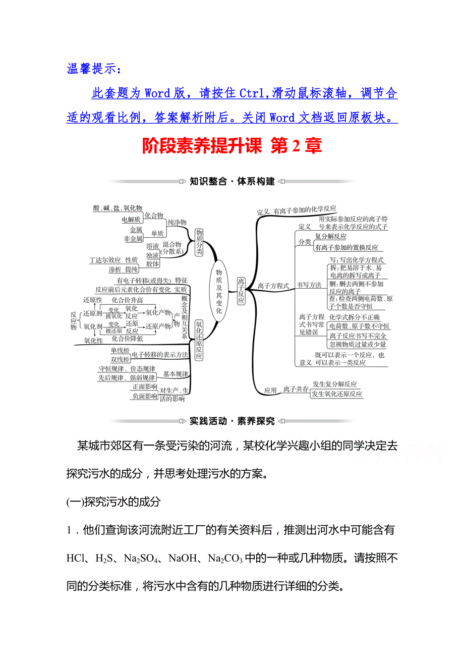 2021-2022学年高一化学鲁科版必修1（福建专用）学案：学案：阶段素养提升课 第2章 元素与物质世界 WORD版含解析.doc_第1页