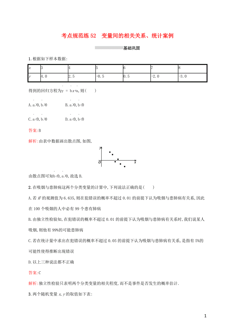 2022年高考数学一轮复习 考点规范练52 变量间的相关关系、统计案例（含解析）新人教A版.docx_第1页