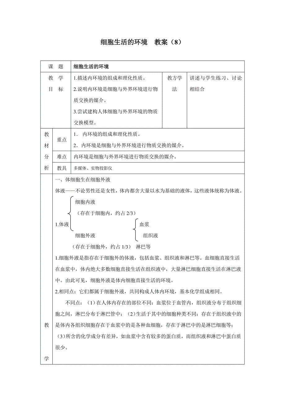 2017-2018学年高二生物人教版必修3教案：第1章第1节 细胞生活的环境（8） WORD版含答案.doc_第1页