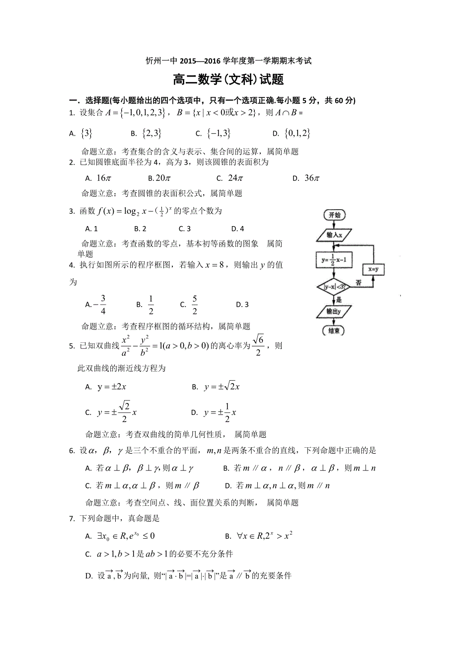 山西省忻州市第一中学2015-2016学年高二上学期期末考试数学（文）试题讲评建议 WORD版无答案.doc_第1页