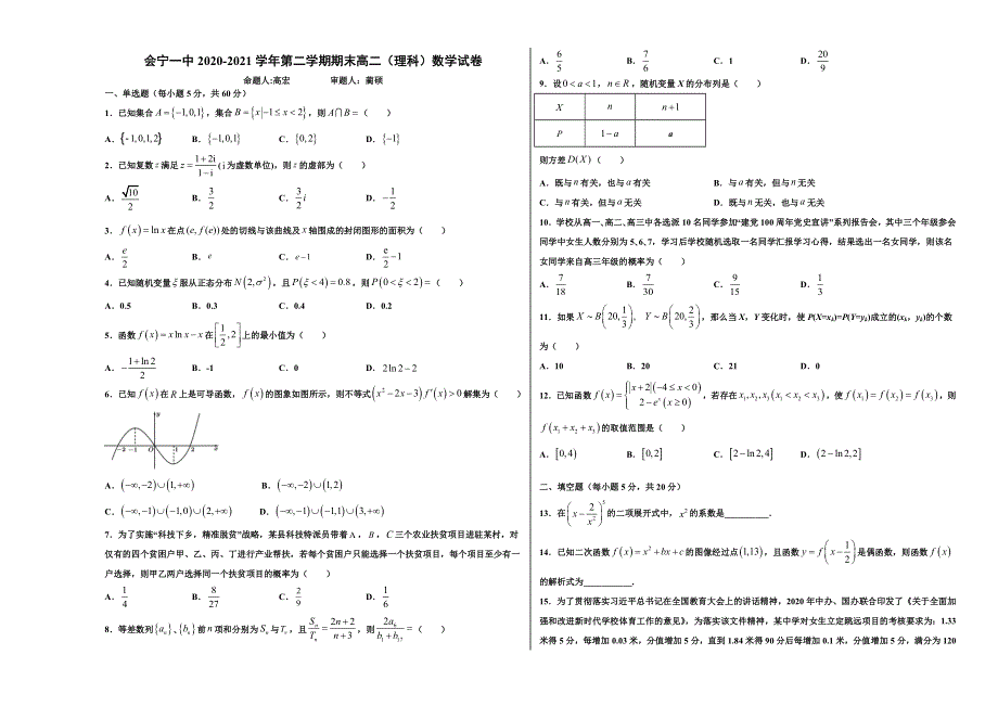 甘肃省会宁县第一中学2020-2021学年高二下学期期末考试数学试题（理科） WORD版含答案.docx_第1页